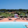 Piscina con sdraio e ombrelloni vicina al bosco.