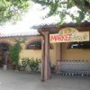 Ingresso di un market con carrelli e piante.