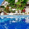 Piscina riflettente con giardino tropicale.