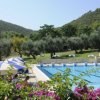 Piscina all'aperto con ombrelloni, immersa tra colline verdi.