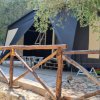 Tenda glamping tra gli alberi, con una veranda.