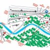Mappa di un'area campeggio con fiume e parcheggi.