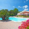 Una piscina all'aperto con lettini e area relax, circondata da piante e fiori colorati.