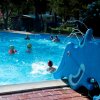 Bambini giocano in piscina con scivolo a delfino.