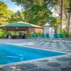 Piscina con sdraio e bar in giardino verde.