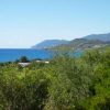 Vista della costa con mare blu e colline sullo sfondo, circondata da vegetazione verde.