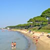 Spiaggia con bagnanti, ombrelloni e mare calmo. Alberi verdi lungo la costa.