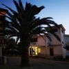 Palme davanti a una casa con luci accese al tramonto.
