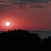 Tramonto rosso su un paesaggio alberato.