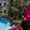 Piscina circondata da fiori rosa e alberi vicino a una casa.