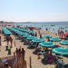 Spiaggia affollata con ombrelloni verdi e bagnanti.