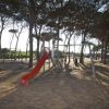 Area giochi con scivolo e altalene tra alberi in un bosco.
