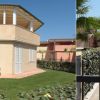 Piccola villa moderna con tettoia su prato verde e sentiero di palme.