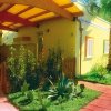 Villino giallo con giardino e palme.