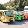 Golf cart colorati parcheggiati all'aperto.