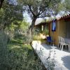 Terrazza di una casa con tavolo e sedie, circondata da cespugli e alberi.