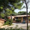 Casa con tetto in tegole circondata da alberi verdi e cespugli, con ombrelloni blu su una terrazza.