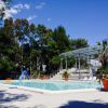 Una piscina all'aperto circondata da alberi e sedie a sdraio, con cielo azzurro e sereno.