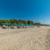 Una spiaggia sabbiosa con file di ombrelloni blu e lettini.