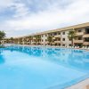 Una lunga piscina azzurra con file di sedie a sdraio bianche e palme sul bordo.