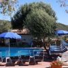 Una piscina circondata da lettini e ombrelloni blu, con alberi e paesaggio collinare sullo sfondo.