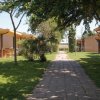 Vialetto in pietra tra piccole case e alberi.