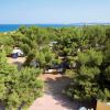 Vista su un campeggio con alberi e mare sullo sfondo.